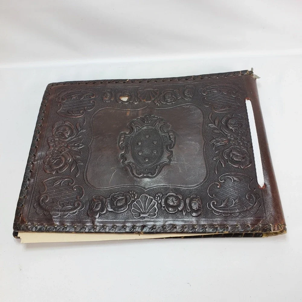 Vintage Tooled Leather Photo Album Brown Embossed Fleur-de-lis Whipstitch Edge